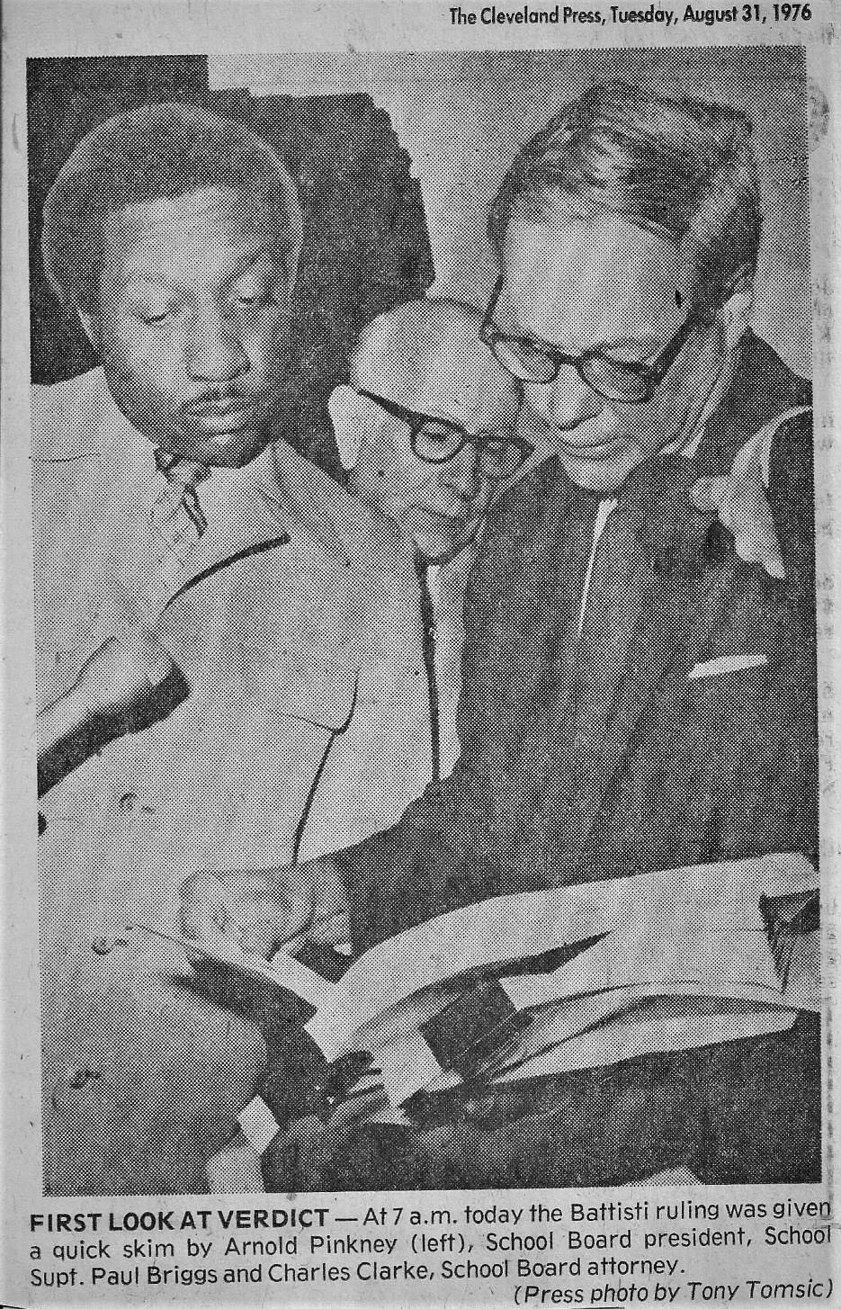 THE VERDICT. Judge Battisti’s verdict on the school’s desegregation case came in shopping carts at the federal courthouse, and cost $50 each. The Press recorded the moment the first one was delivered at 7am at the courthouse, and was opened by School Board President Arnold Pinkney (left), Schools Supt Paul W. Briggs and board chief attorney Charles Clarke.