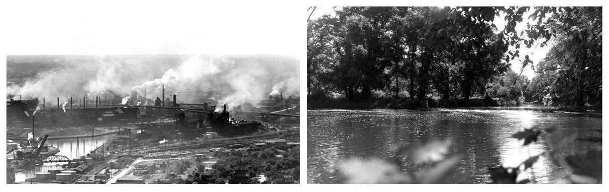 THE LOWER CUYAHOGA RIVER. The industrial Flats leading into Lake Erie (left) compares to the bucolic UPPER CUYAHOGA RIVER (right) as it meanders after a gorge of the Cuyahoga Valley National Park towards Akron.