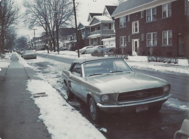 ‘67 MUSTANG convertible, the author’s first U.S. car, opposite their apartment on E148th Str. Worth up to $60,000 in the UK in 2022 (if he hadn’t sold it in ’70).