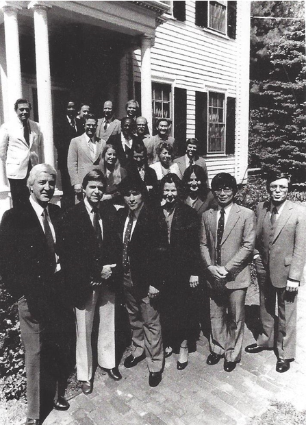 NIEMAN FELLOWS. The class of ’81 of Nieman Fellows in Journalism at Harvard University pose in front of Lippmann House, the center of activities and study for the 12 U.S. and eight foreign journalists selected for 80/81 (author is second row right). We are missing one. The foundation’s curator, Jim Thompson, stands slightly apart, left rear.