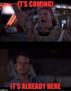 Meme of a scene from 1996 Twister film with Phillip Seymour Hoffman and Bill Pullman.