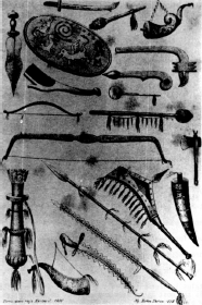 Drawing of Xantus: The Weaponry of North Americans Indians. c. 1856.