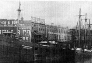 Cuyahoga River scene in 1880. View from foot of St. Clair Street (Plain Dealer).