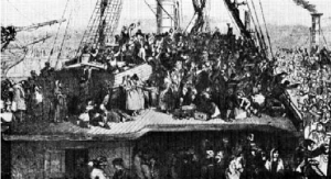 Emigrant Sailing packet about to be towed out into the Mersey, 1850.