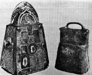St. Patrick's Bell and Shrine. Bell: reputed to be sixth century, iron and bronze. Shrine: 1091-1105; bronze with silver, gold, crystal, glass, about 10" high. National Museum of Ireland, Dublin.