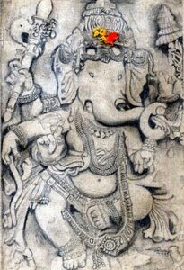 An artist's pencil sketch representation of one of the reliefs of 'Dancing Ganesha' in the Hoysaleswara Temple complex.