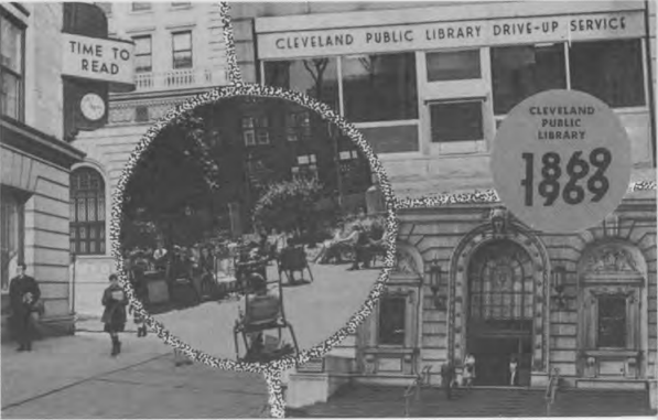 Post card issued in Centennial Year shows Time to Read Clock sign on the Business and Science Building, eastman Reading Garden, the drive-up book return, main building entrance. Courtesy of the Cleveland Public Library