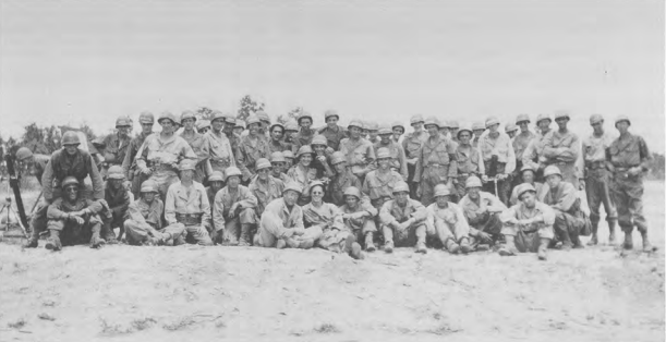 Author (kneeling first row, 4th from left) with Company A, in heavy weapons-training for invasion of Japan, Spring, 1945