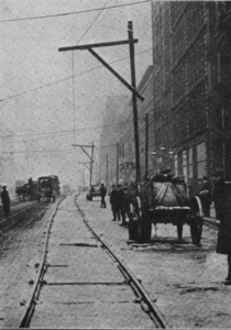 "The night of December 26, 1906, the Forest City Company attempted to lay temporary tracks on top of the pavement on Superior St., N.W."