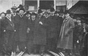 1. A. B. DU PONT. 2. MAYOR JOHNSON. 3. VICE MAYOR LAPP. 4. MAYOR'S SECRETARY, W. B. GONGWER. 5. PETER WITT. 6. FREDERIC C. HOWE. "It had taken two and a half years to get the grant for that car to run to the Square and nearly four and a half years . . . for it to wade its way through injunctions to that point."