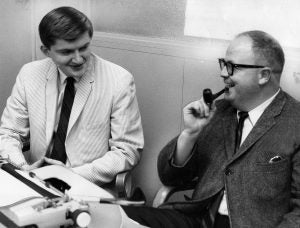 Joe Eszterhas, left, and William F. Miller in 1968. Eszterhas went on to Rolling Stone and Hollywood, where he wrote scripts for several blockbuster movies. Cleveland Public Library Photograph Collection.