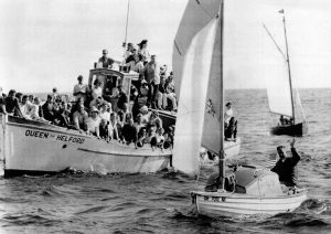 Plain Dealer copy editor Robert Manry entering the harbor in Falmouth England, Aug. 17, 1965. Manry was completing a 78-day trip across the Atlantic in Tinkerbelle. Special Collections, Cleveland State University Library.