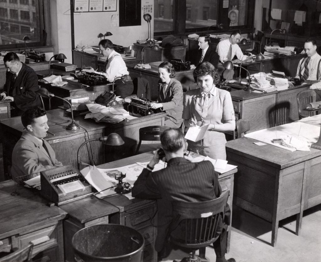 The Plain Dealer city room in 1947. The PD's daily circulation stood at 220,618 two years earlier, ranking it the second highest among Cleveland's three daily newspapers. The Cleveland Press led in daily readers, and the News ranked third.* Cleveland Public Library Photograph Collection.