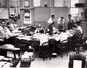 The Cleveland Press city room on Sept. 18, 1953. The Press was leading in the circulation war, and would grow to 314,247 daily readers within two years.* Cleveland Public Library Photograph Collection.