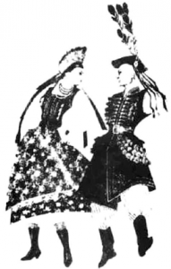 Among the most popular folk dresses is the Cracow costume. The striking ornament of the women's dress is a richly decorated bodice with beads and other sparkling decorations. Even men's costumes are richly decorated, including a large leather belt embroidered with silk and enhanced with brass rings. (This picture taken from Poland Travel Guide edited by Zofia Uszy&nacute;ska. Warszawa: AGPOL, Foreign Trade Advertising & Publishing Agency, 1960.)