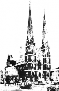 St. Stanislaus Church, Forman and East 65th Street. This rendering was prepared prior to the structure's completion in 1891. The two spires were destroyed by a windstorm in 1909.