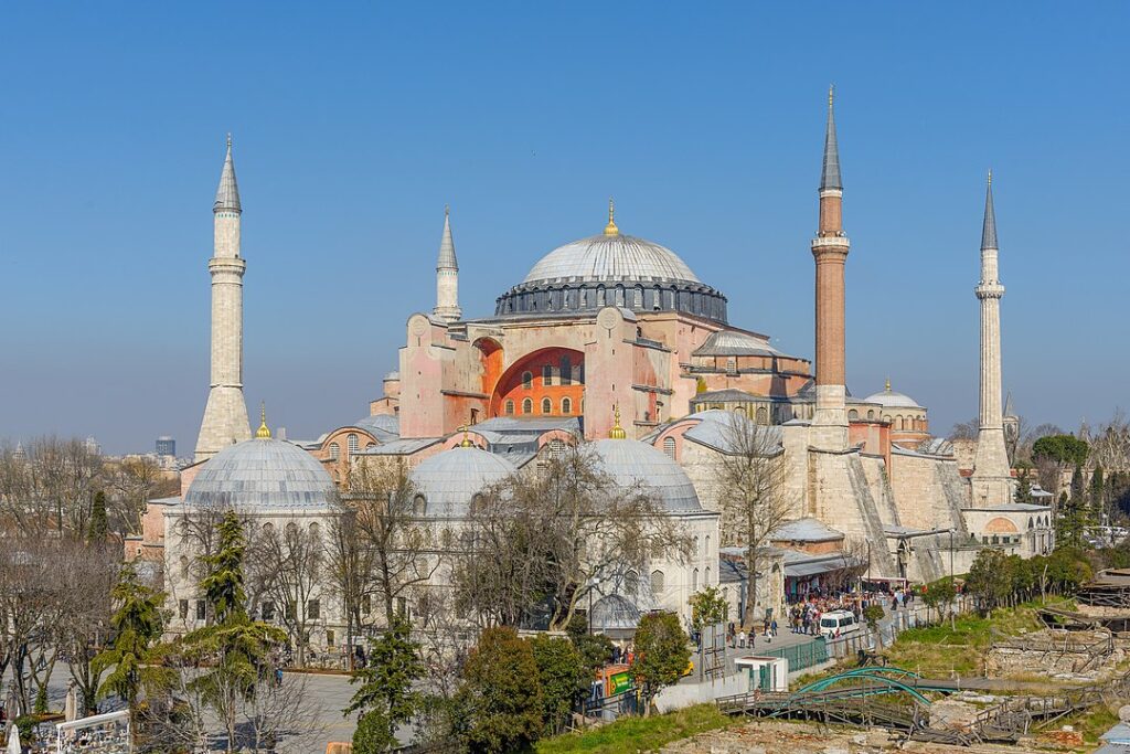 Hagia Sophia, the great mosque in Istanbul, with minarets added in the 15th-16th centuries.