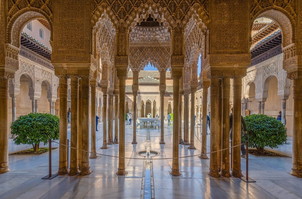 Court of the lions, Abassid architectural arches with courtyard and fountain beyond