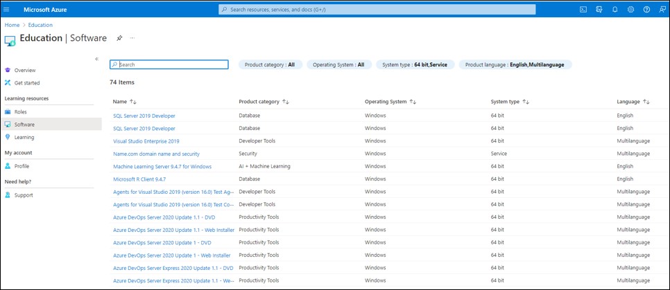 Figure 4.2: Microsoft Azure Portal – Education webpage