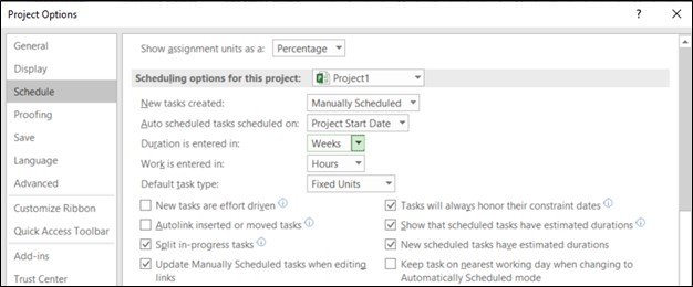 Changing the duration unit in Project Options box on Microsoft Project