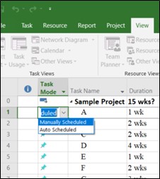 Task mode dropdown menu showing Manually Scheduled and Auto Scheduled on Microsoft Project
