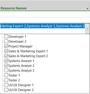 Assigning resources to tasks by using the dropdown menu inside "Resource Names" column.