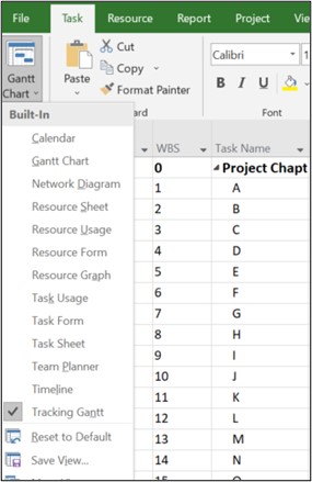 Selecting the Tracking Gantt view from the dropdown menu when clicked on the Gantt Chart icon on Microsoft Project