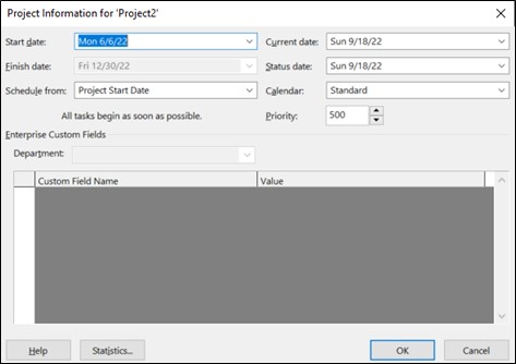 Microsoft Project screenshot showing the Project Information Window (start date, current date, status date)