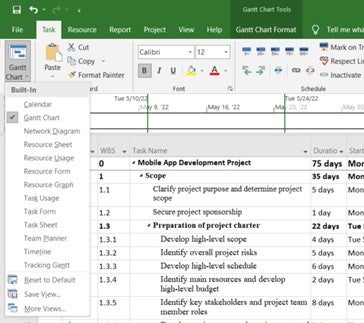 Dropdown menu that appears when Gantt Chart icon is clicked. Resource sheet can be selected here.