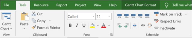 Shortcuts for project completion percentages under the Task tab on Microsoft Project. The percentages are zero, 25, 50, 75, and 100.