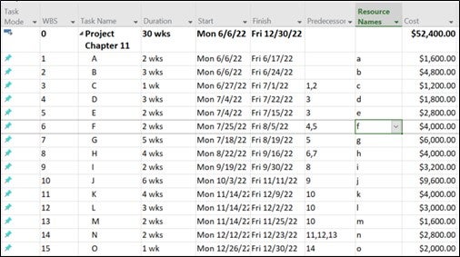 Microsoft Project screenshot showing the activity list with the resources assigned to each activity