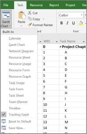 Selecting the Tracking Gantt view from the dropdown menu when clicked on the Gantt Chart icon on Microsoft Project