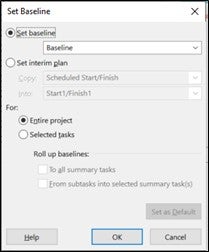 Microsoft Project screenshot showing the "Set Baseline" window