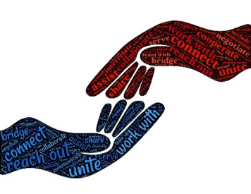 interconnected hands with overlayed wordcloud about connection and unity