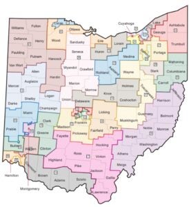 A map of Ohio and its Senate Districts