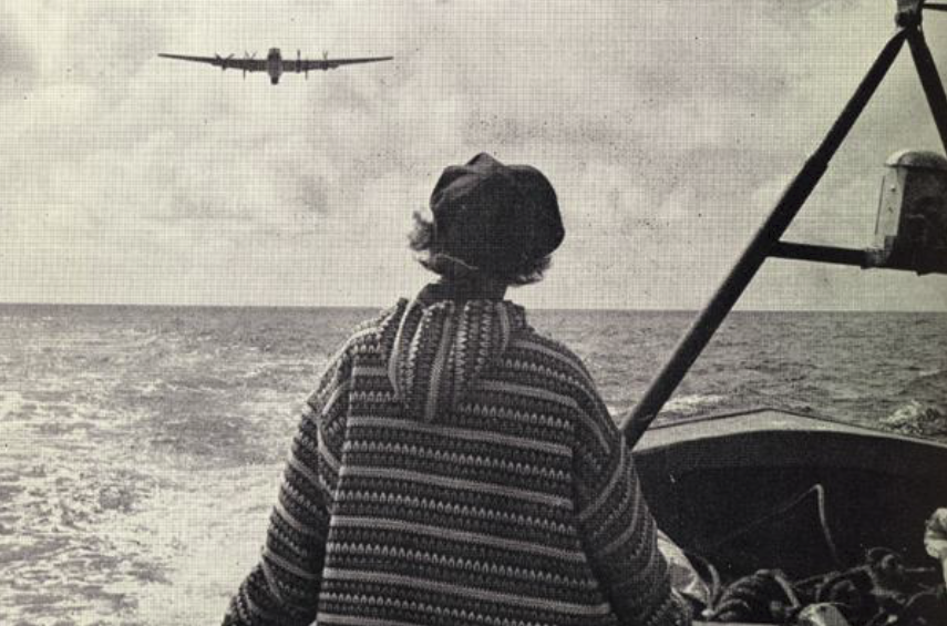 Virginia aboard search trawler watches R.A.F. Shackleton zoom overhead (Plain Dealer photo--William A. Ashbolt)
