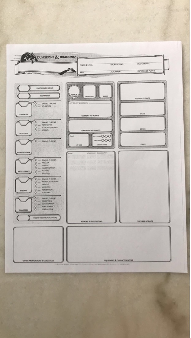 dungeons and dragons character sheet