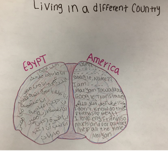 living in a different country. picture of brain with Egypt on the left and American on the right with corresponding languages.