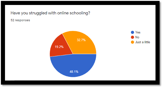 Have you struggled with online schooling? Yes 48.1 % no 19.2% Just a little 32.7%