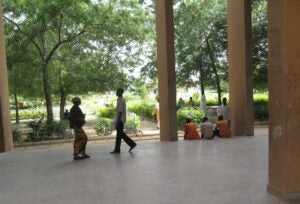 A park-like setting filled with trees and sunshine in the background. In the foreground, 2 people are walking towards each other and 3 students and sitting on the building's steps.